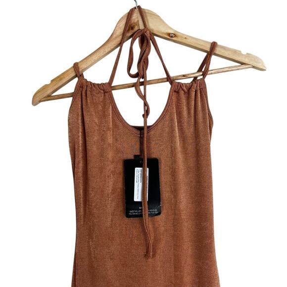NWT PrettyLittleThing Mini Dress Size 4 Toffee Brown Textured Strappy Cocktail - Picture 4 of 8
